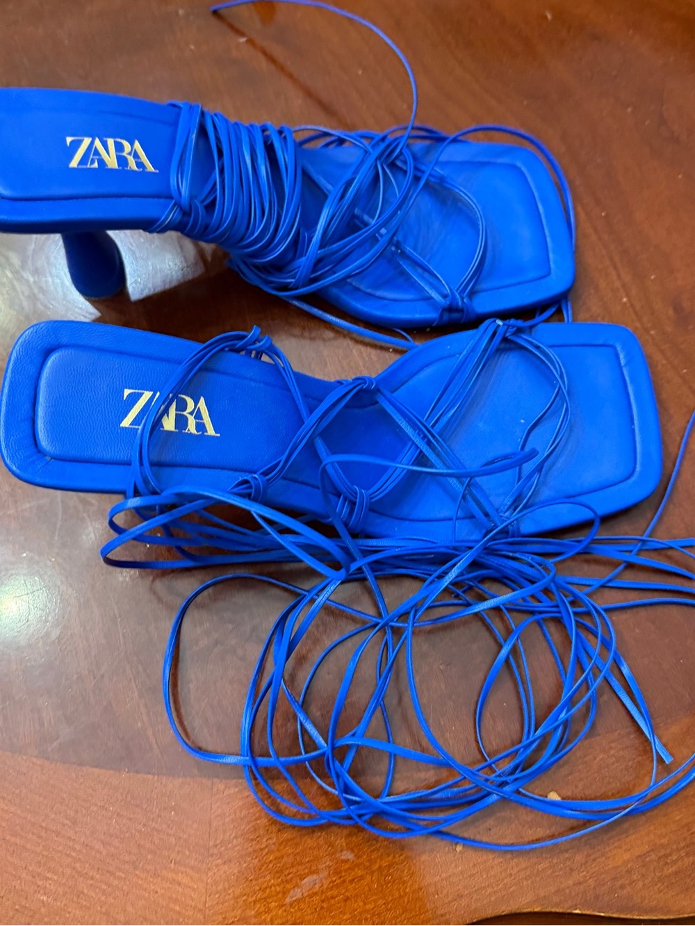 ZARA Cobalt Blue Lace-Up Square-Toe Sandals - Picture 4 of 6